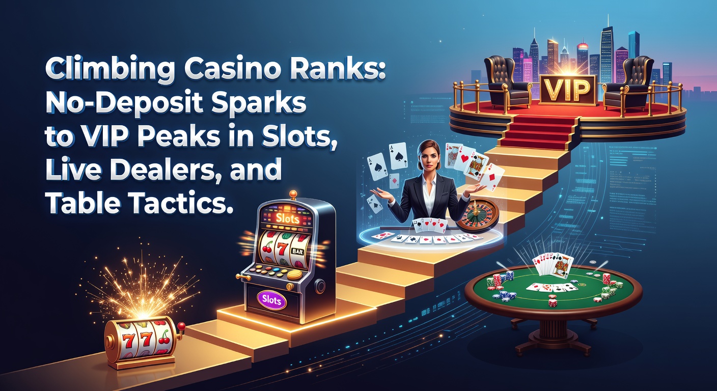 Players advancing through casino loyalty tiers from free spins on slots to exclusive VIP tables in a bustling online casino environment