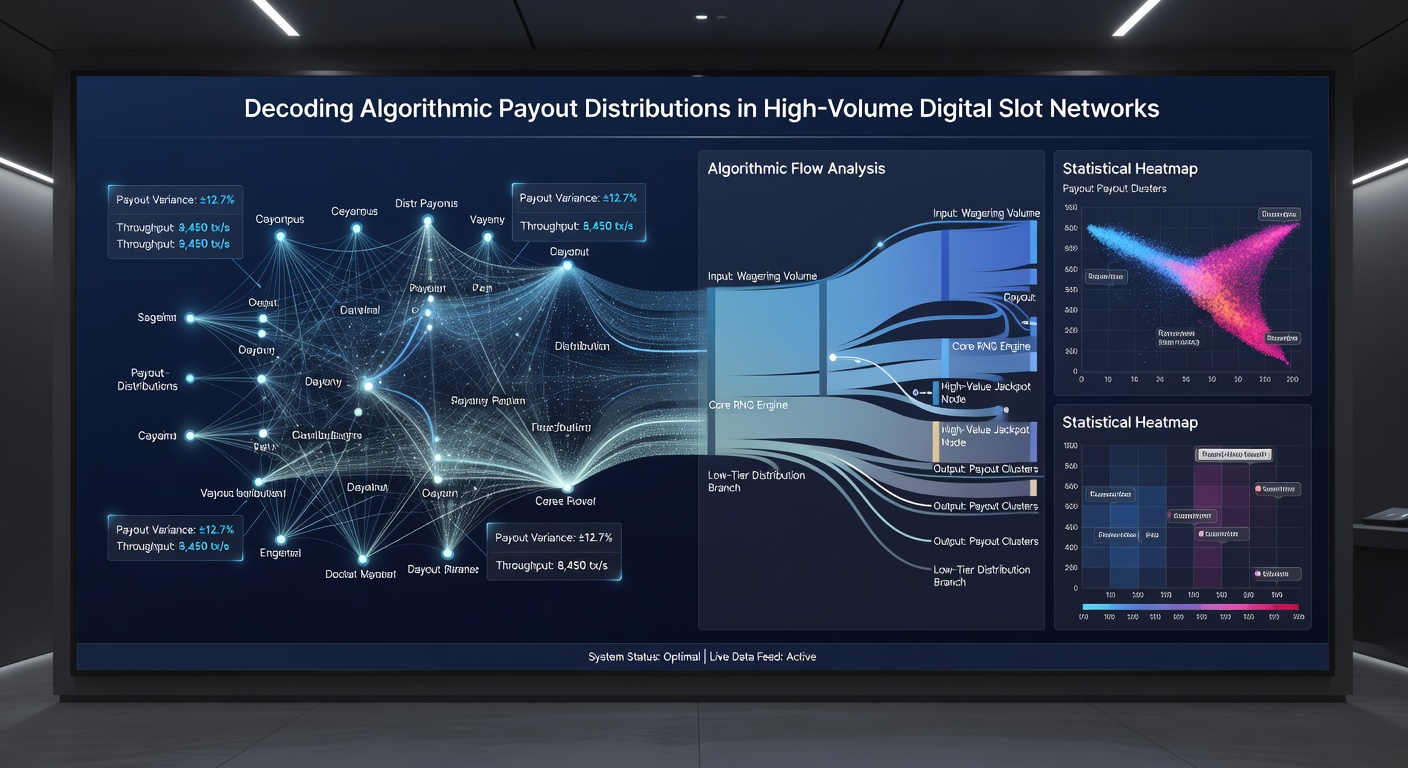 Server cluster visualization showing payout algorithm nodes processing concurrent slot sessions
