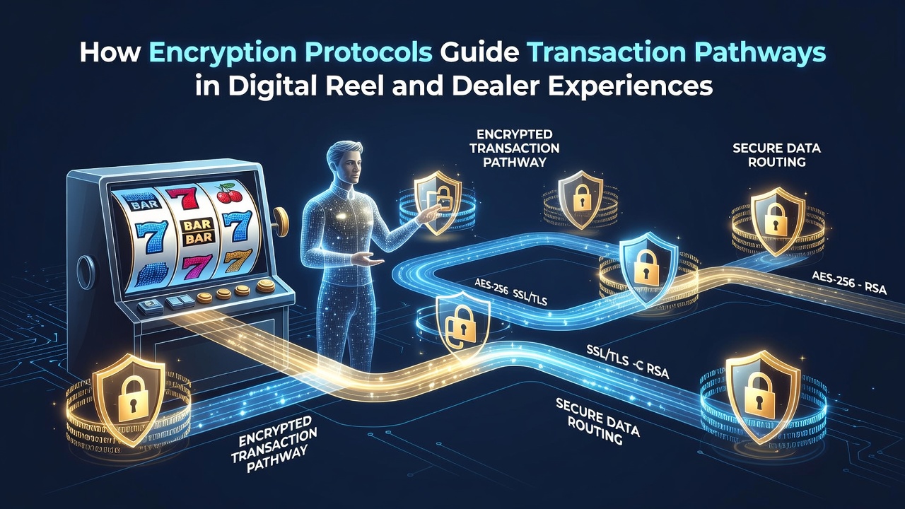Digital encryption visualization showing secure transaction pathways between player devices and casino servers for slots and live dealer games