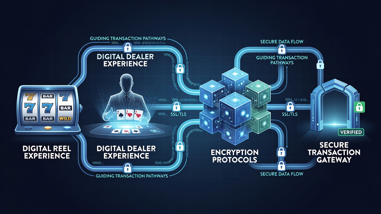 Secure mobile transaction flow diagram illustrating encryption layers for reel spins and dealer table wagers