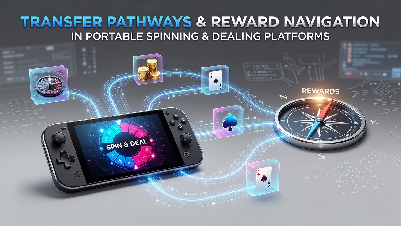 Mobile gaming interface showing transfer options and reward navigation in spinning and dealing platforms